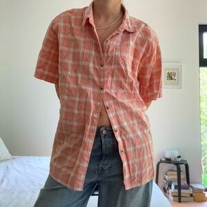 VINTAGE PENMANS PLUS PLAID PINK BUTTON DOWN SHIRT FLORAL EMBROIDERY